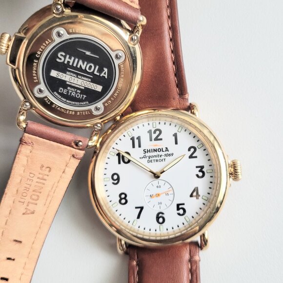 His Hers Watches 2 Runwell Gold 47mm 41mm Argonite 1069 Brown Leather Set New - Picture 6 of 16